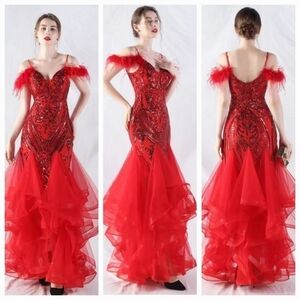 Red, Abstract Print,  V Neck, Ostrich Feather,  Sequined Mermaid Gown